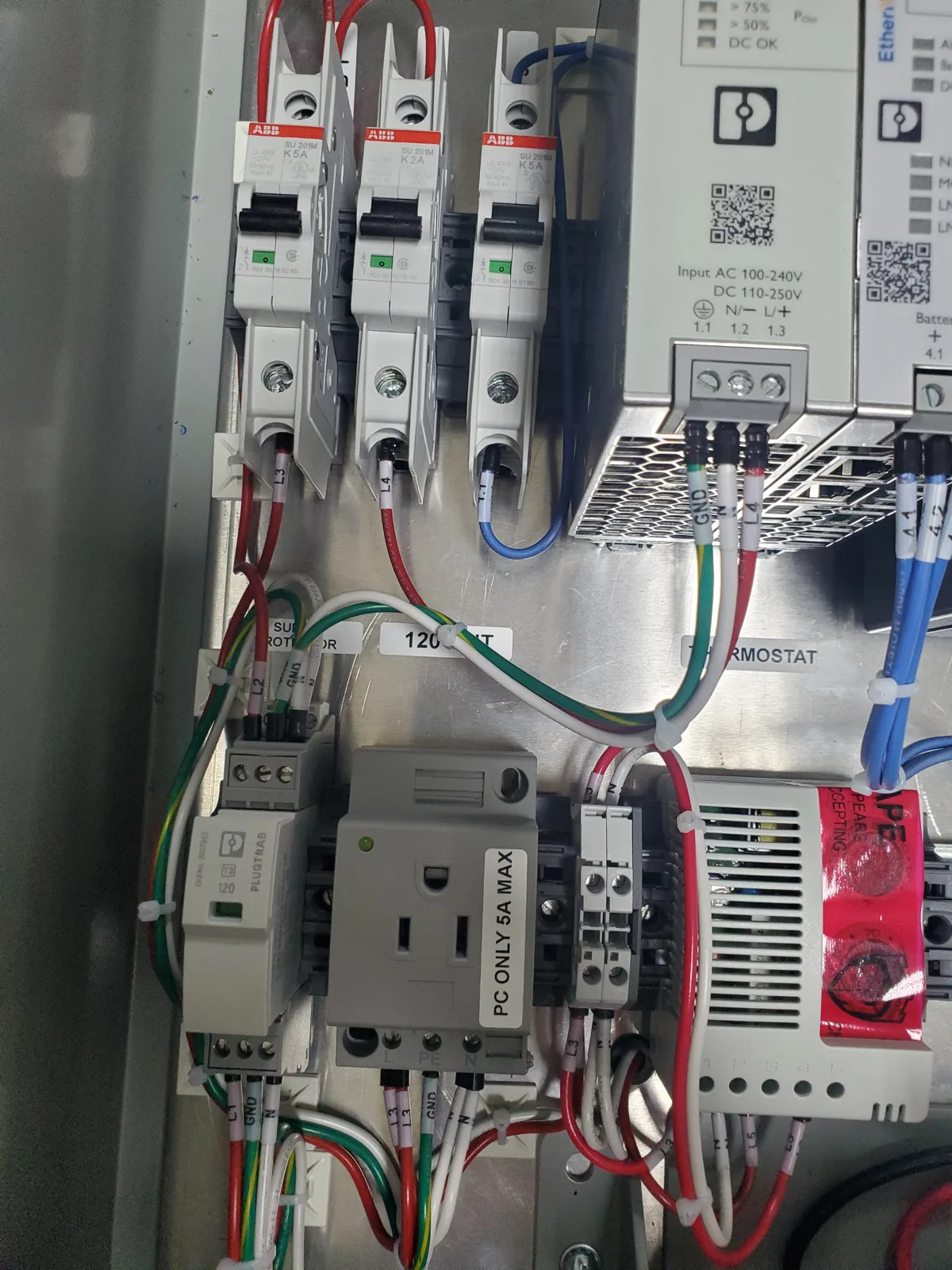 Network cabinet interior: branch breakers, power supply, service outlet and enclosure thermostat